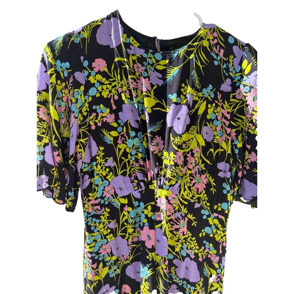 Les Reveries 100% Silk Wide Leg Floral Romper Jumpsuit Black Floral Size 2 USA